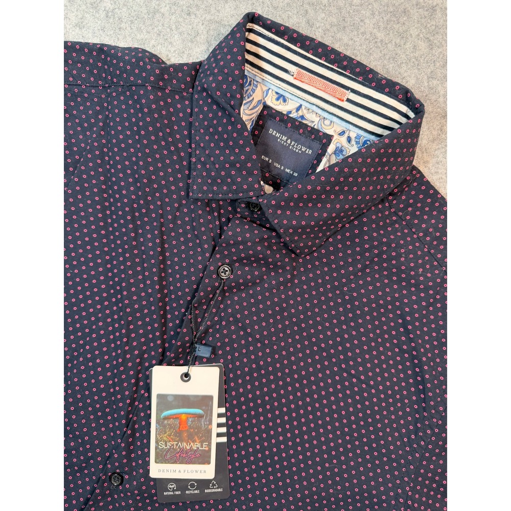 Denim & Flower Ricky Singh Navy Pink Micro Dot Short Sleeve Button Down Shirt S